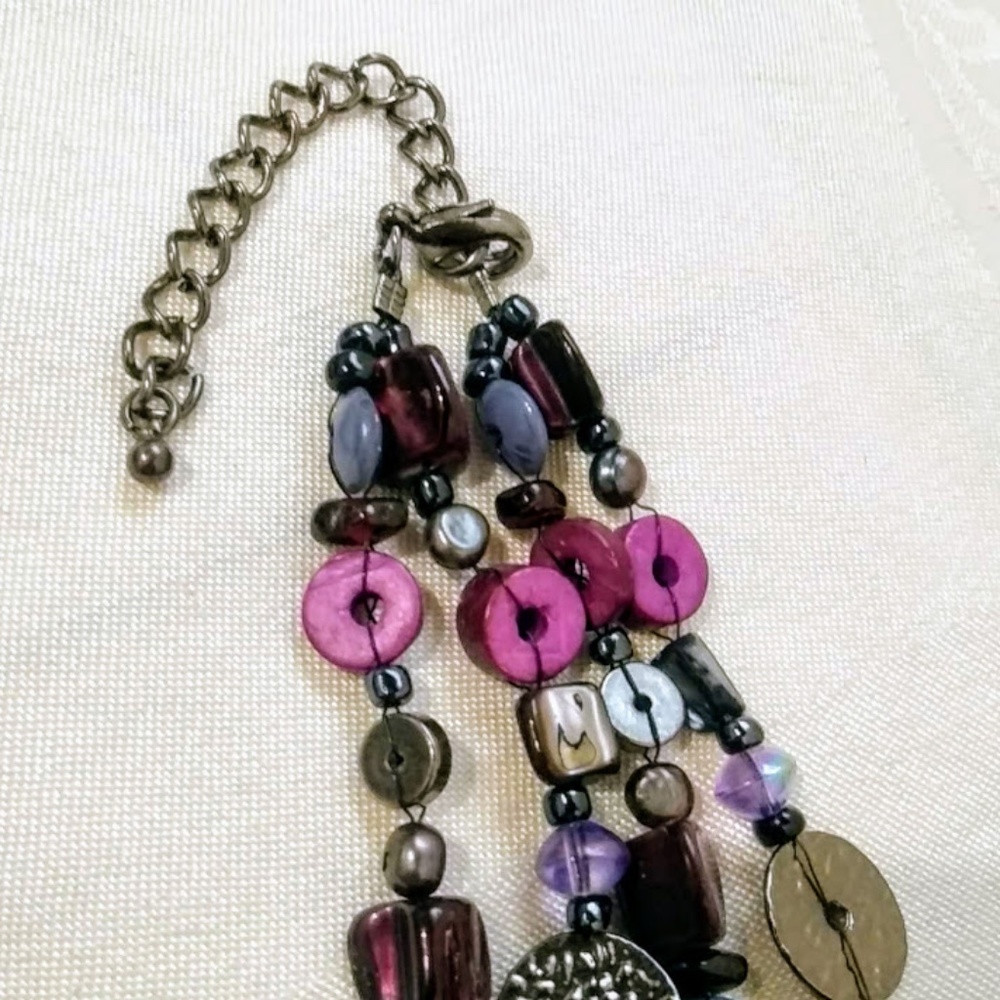 Vintage Boho Purple Blue Silver Tone Double Strand Pendant Necklace - Picture 6 of 7